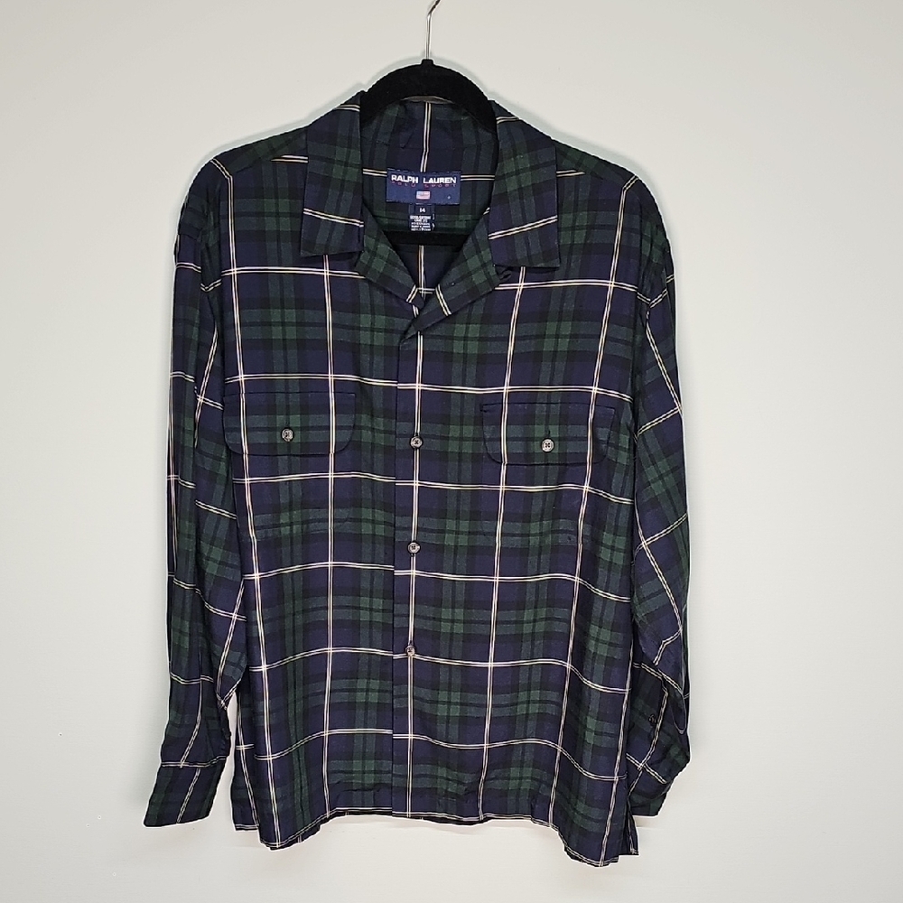Ralph Lauren Polo Sport Plaid Button Up, Navy & Green, Size 14,  NEW